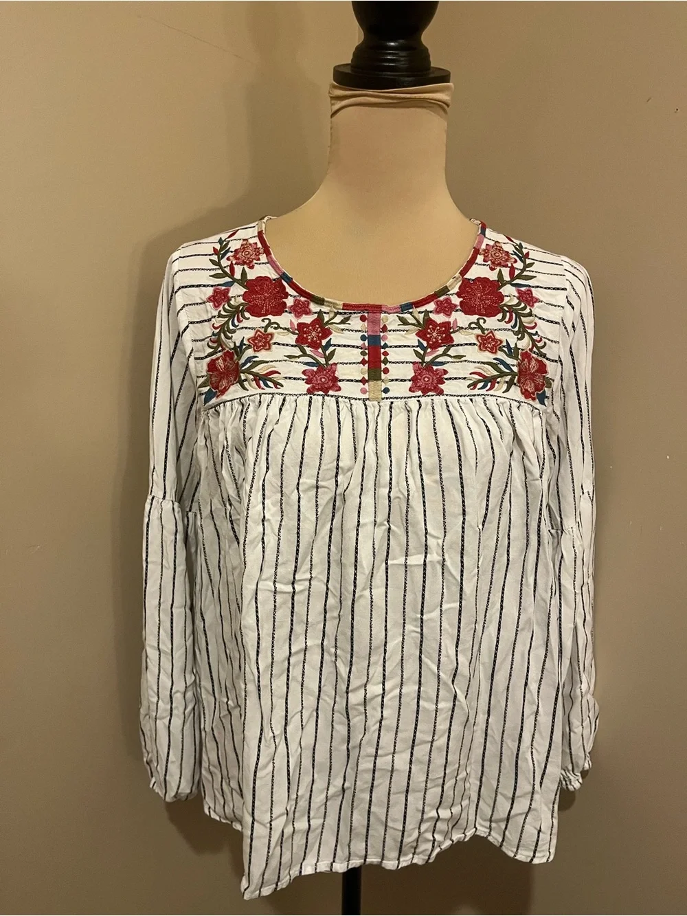 Striped White Peasant Top Embroidered Floral Yoke - White, Med - Picture 4 of 11
